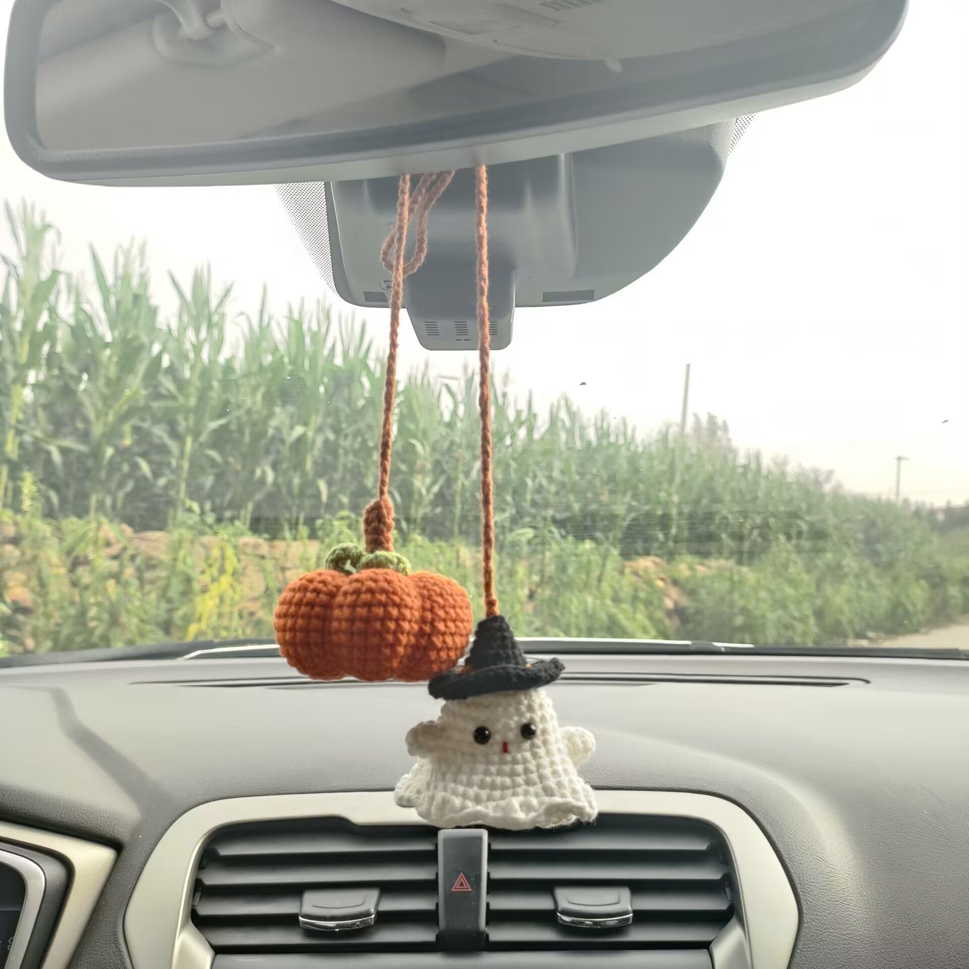 Crochet Pumpkin and Ghost Car Decor for Rear View Mirror