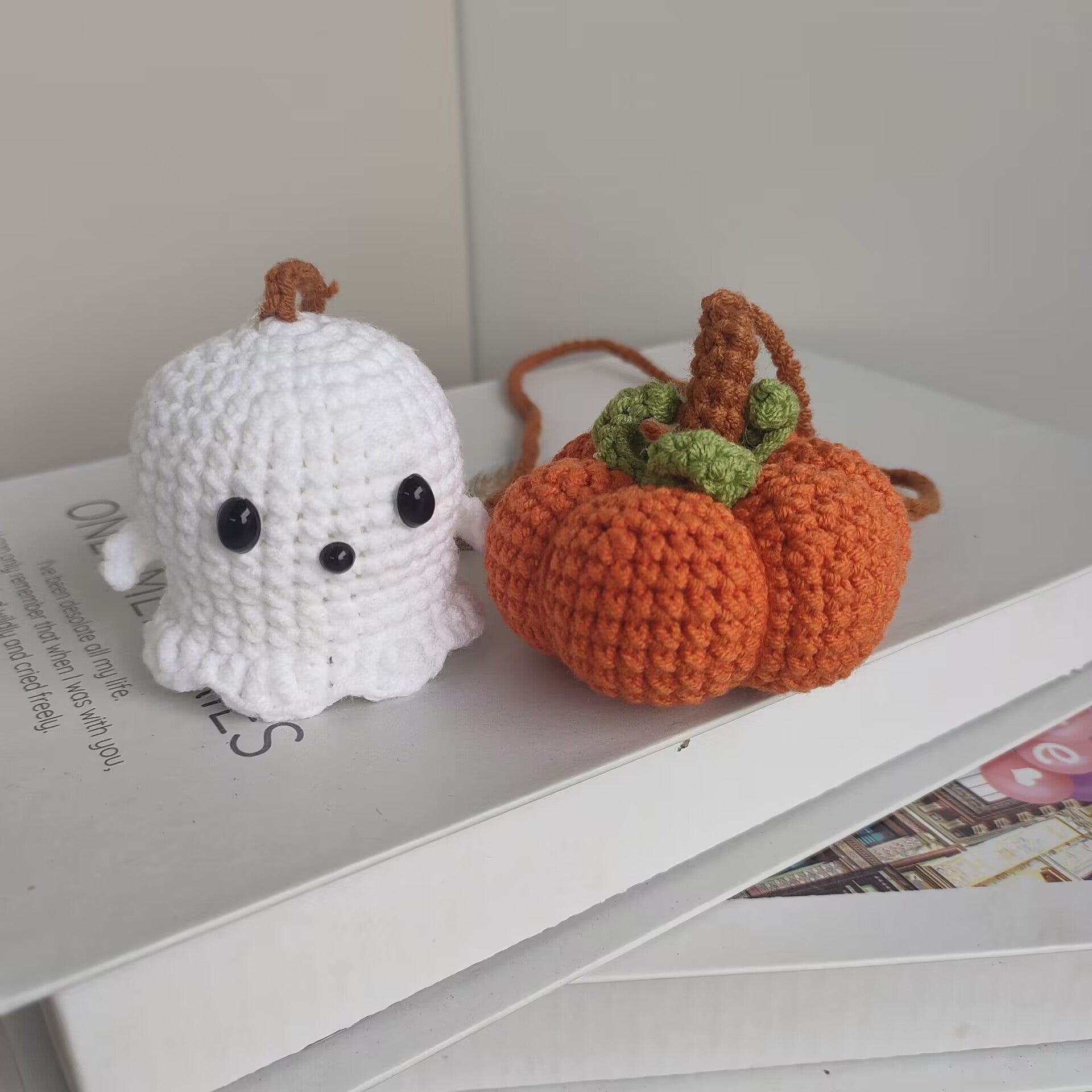 Crochet Pumpkin and Ghost Car Decor for Rear View Mirror