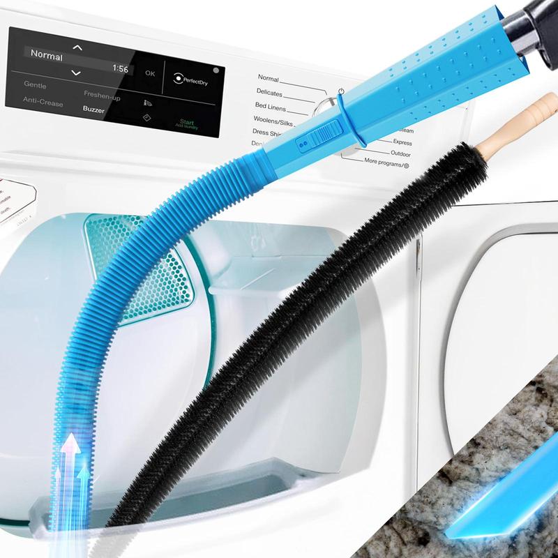 Two-piece dryer vent cleaning kit: Includes a lint brush and a vacuum hose.