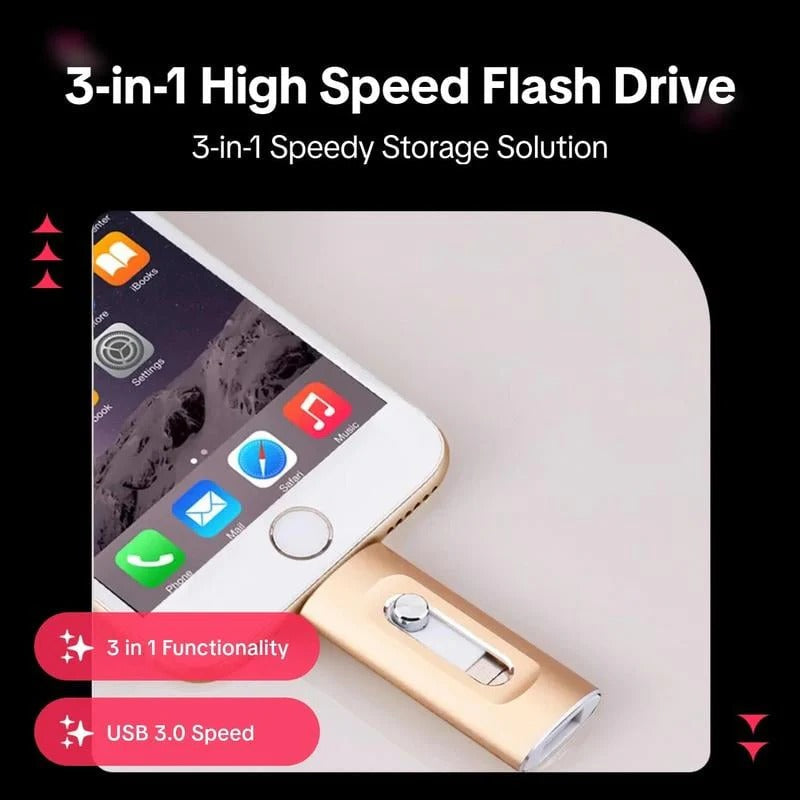 ⚡3 in 1 Flash Drive, Portable High Speed USB 3.0 Memory Storage